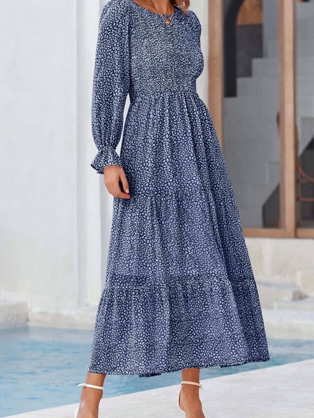 Navy Blue Long Sleeve Printed Maxi Dress with Smocked Waist